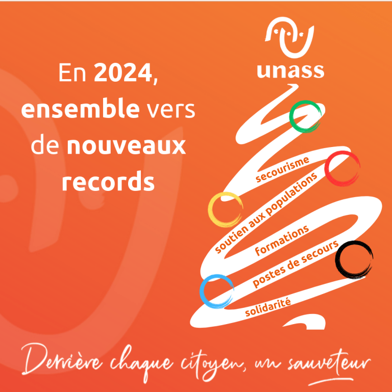 Représente une image graphique avec du texte : En 2024, ensemble vers de nouveaux record. Logo UNASS. Slogan: Derrière chaque citoyen un sauveteur. Une représentation de sapin avec des mots dans les branches "secourisme" "soutien aux populations" "formations" "postes de secours" "solidarité" et des boules de couleurs différentes faisant un lien avec les Jeux